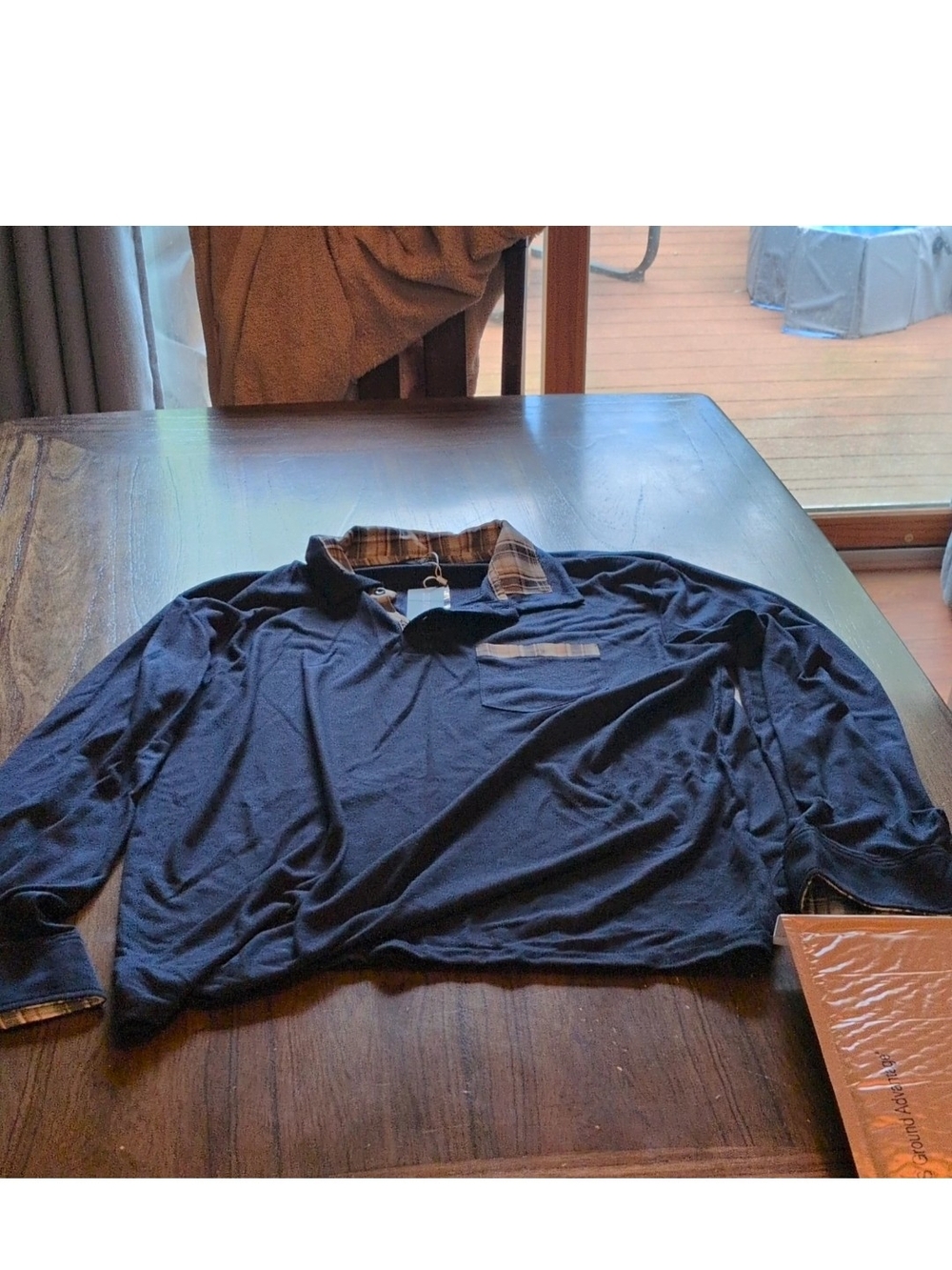Men's Long-Sleeve Navy Polo with Plaid Trim